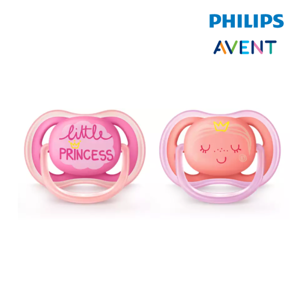 Astra Family Two Philips Avent Ultra Air 6-18M GIRL (Twin Pack) Princess pacifiers on a white background, best baby soother.