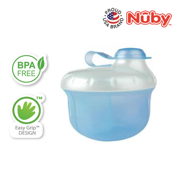 Astra Family A blue Nuby PP baby milk dispenser featuring the words Nuby.