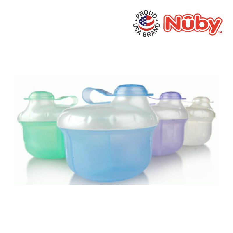 Astra Family A pack of Nuby PP Tinted Powder Milk Dispensers with assorted colored lids, ideal for storing powdered milk.