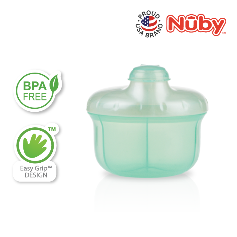 Astra Family A green milk container with the Nuby PP Tinted Powder Milk Dispenser.