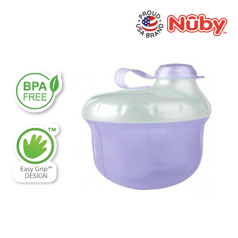 Astra Family A purple baby milk dispenser bottle with the words Nuby PP Tinted Powder Milk Dispenser on it.