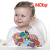 Astra Family A baby securely holds the Nuby Safari Loop Teether, a safe and soft baby chew toy.