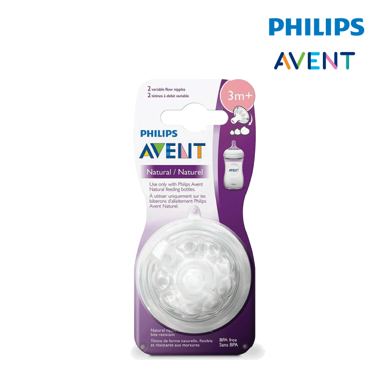 Astra Family Philips Avent Natural Teat 2.0 Variable Flow 3M+ - 2pcs/pack in white packaging.