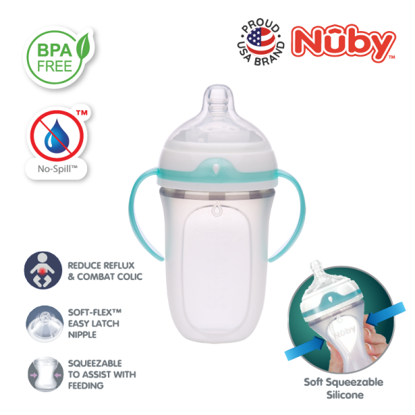 Astra Family The Nuby Comfort Silicone Bottle with PP Handles and PP Cover 250ML showcases its features.