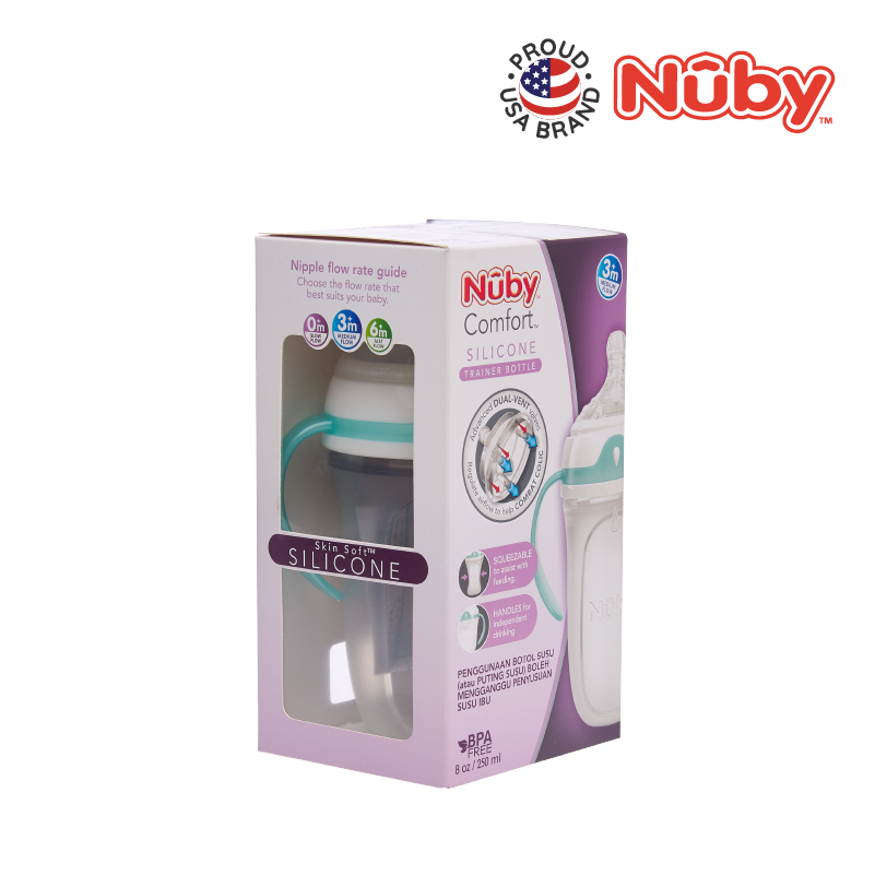 Astra Family Nuby Comfort Silicone Bottle with Medium Flow Nipple and PP Handles in a box with a Nuby logo on it.
