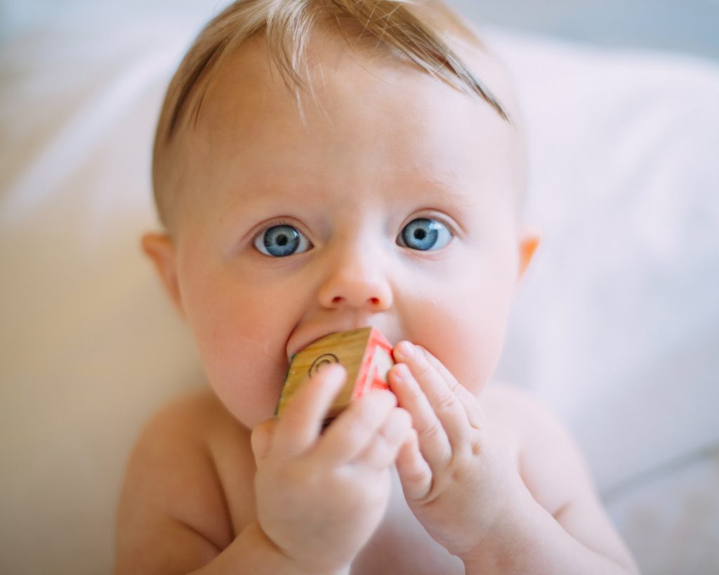 Astra Family A baby with blue eyes enjoying a cookie.