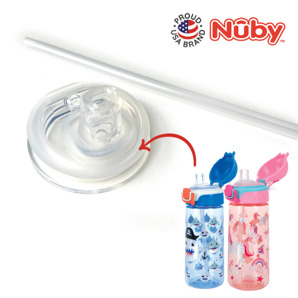 Astra Family A unicorn water bottle with a Nuby Bulk Replacement Spout with Straw for NB10774 and a straw next to it.