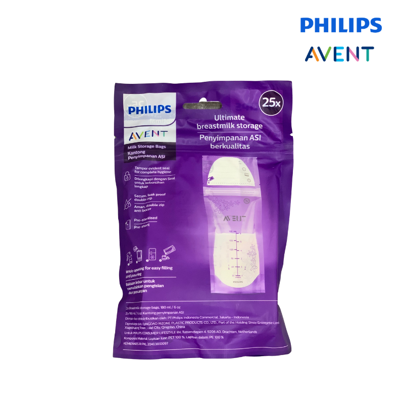 Astra Family Philips Avent Breast Milk Bags 6OZ/180ML (25pcs/Bag) in a package for convenient use.