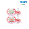 Astra Family Two Philips Avent Soother Air Night Time Girl 6-18M pacifiers on a white background.