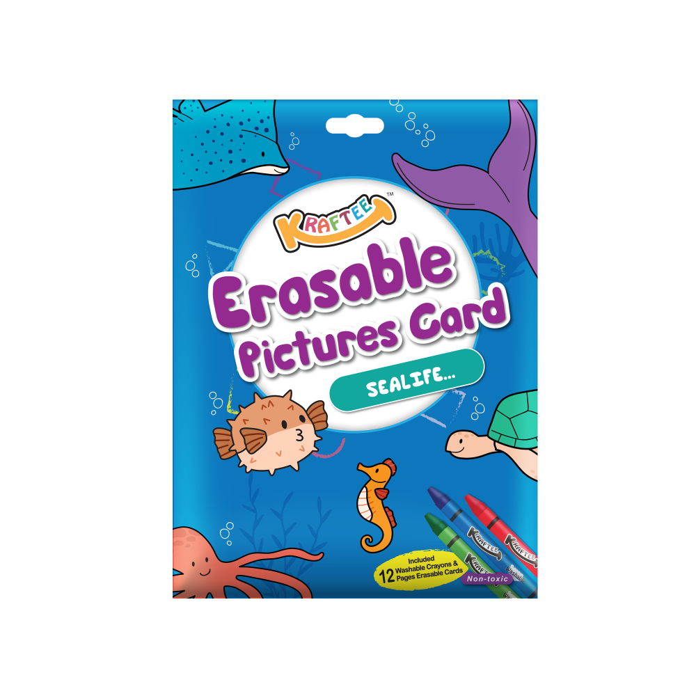 Astra Family A pack of KRAFTEE Erasable Picture Cards – Sealife (with 12ct washable crayons) with an ocean theme for warna kanak-kanak.