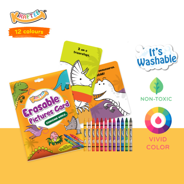 kraftee erasable picture cards – dinasour world (with 12ct washable crayons)