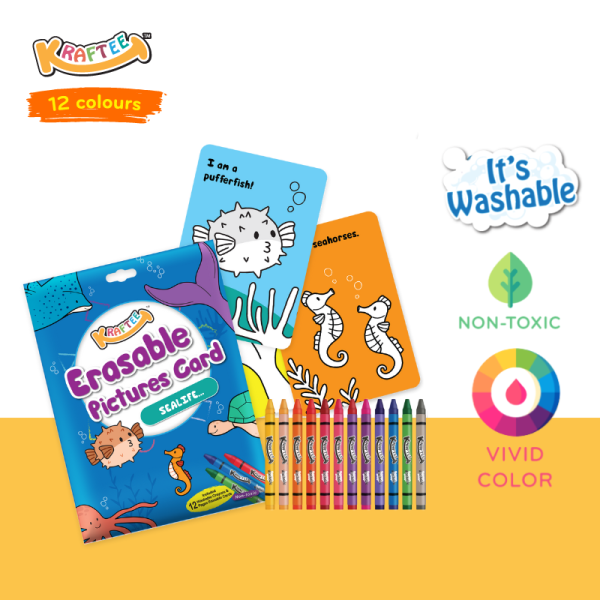 kraftee erasable picture cards – sealife (with 12ct washable crayons)