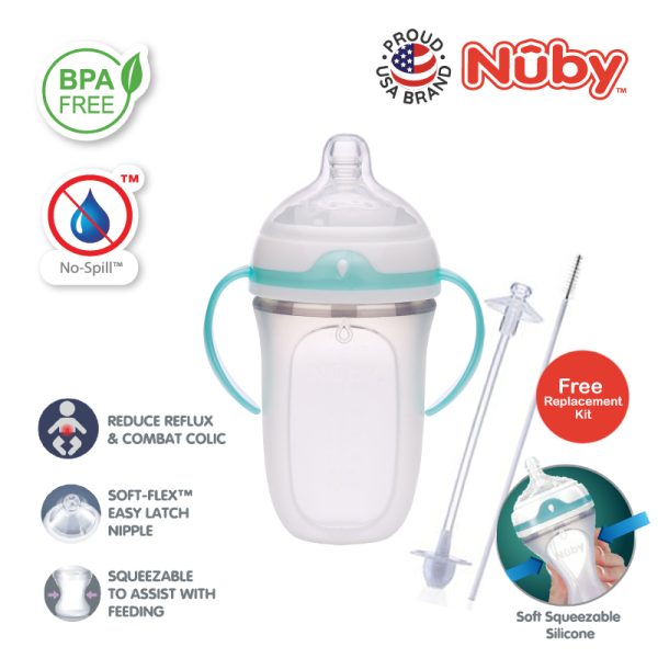 nuby comfort silicone bottle with medium flow nipple pp handles and pp cover 250ml (copy)